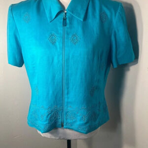 Positive attitude 14P blouse zip front 55% linen 45% rayon embroidered d…